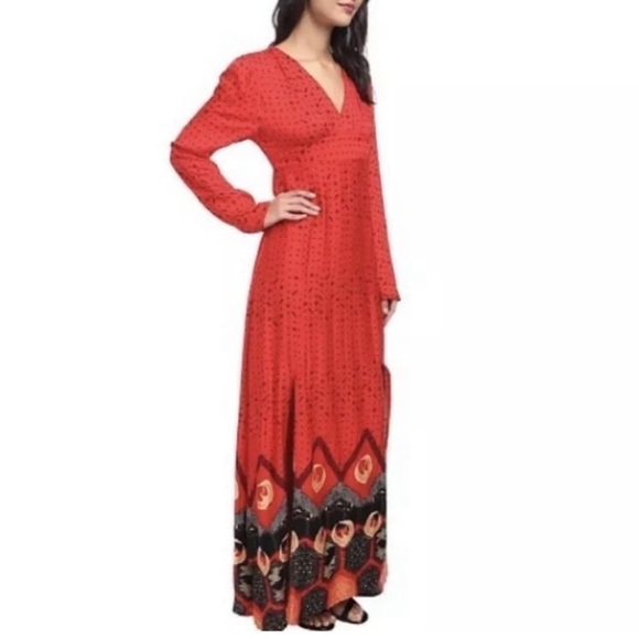 Minkpink Dancing Crane Long Sleeve V-Neck Maxi Dress in Red, Size Medium‎ - Picture 6 of 15